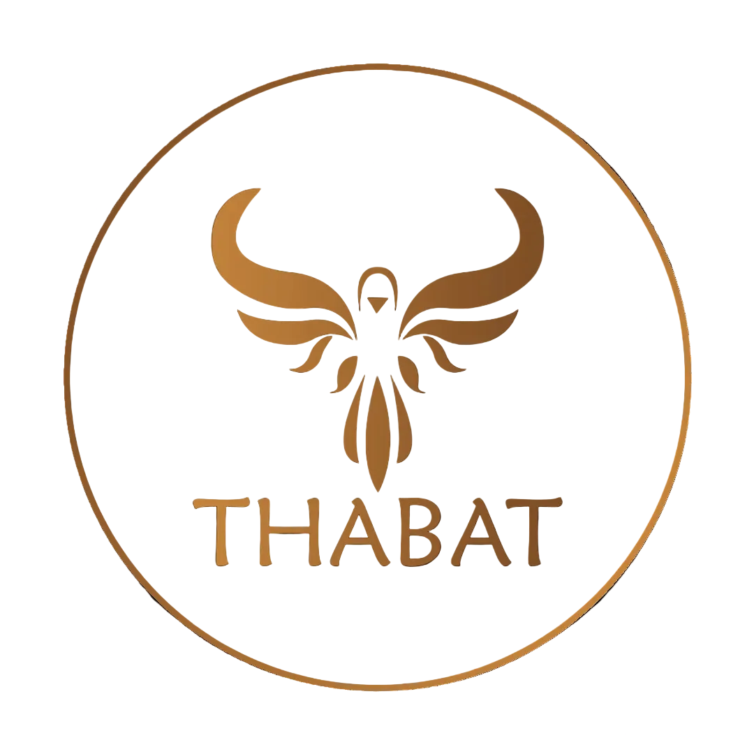 Thabat logo with a stylized bird design in the center on a white background