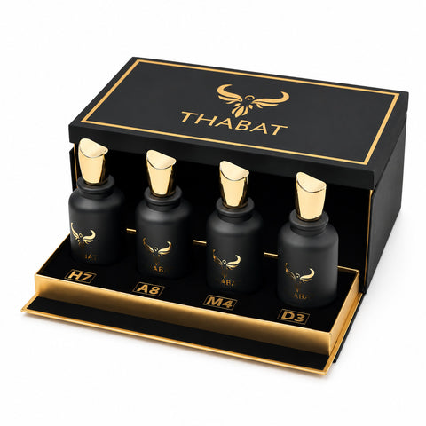 بوكس ثبات مفتوح ويضم أربع عبوات H7 وA8 وM4 وD3 — Thabat Perfume Box with four bottles